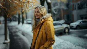 Beautiful blonde girl in a yellow jacket on a background of a winter street. photo