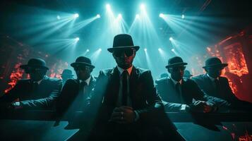 Silhouette of african american gangsters in a nightclub with lights and smoke. photo