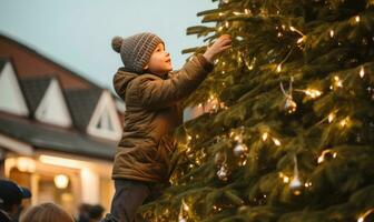 boy with white sneakers climbing up in a christmas tree on the marketplace AI Generated photo