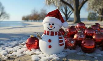 snowman on a sandy beach, christmas banner AI Generated photo