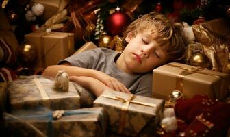 boy sleeping on a pile of present boxes at christmas AI Generated photo