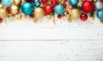 Frame of beautiful golden, blue, red, white, green Christmas ornaments AI Generated photo