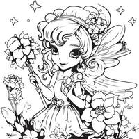 A fairy holding a wand and flying above some flowers vector