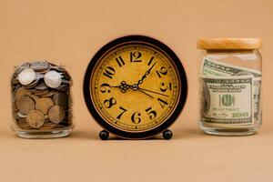 Money and time, savings investments, coin banks, wages, salaries, cash flow, capital contributions, support funds. photo