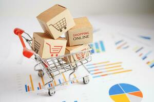 Online shopping, Shopping cart box on business graph, import export, finance commerce. photo