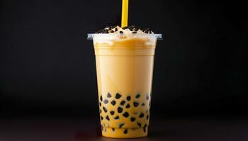 A bubble tea in a plastic cup. Generative AI photo