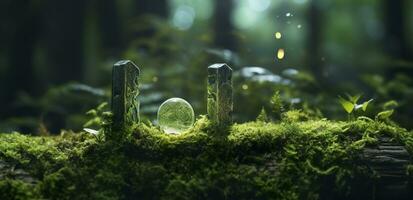 Crystals with moon phases image of moss in a mysterious forest, natural background. Generative AI photo