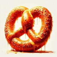 Giant Pretzel Oktoberfest Day covered in coarse salt and glistening with melted butter, in white Background. Ai Generated image. photo