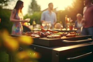 clasificado delicioso A la parrilla carne en parilla parrilla. familia y amigos teniendo un parilla fiesta con divertida. cena fiesta y fin de semana actividad concepto. generativo ai. foto