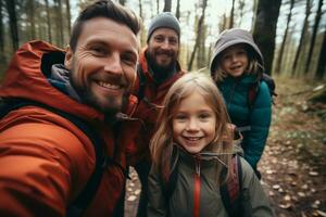 contento familia selfie juntos mientras excursionismo en el bosque. familia actividad disfrutando a viaje juntos. generativo ai. foto