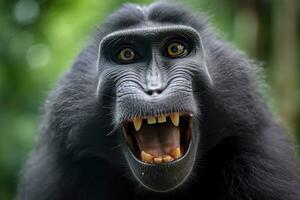 Celebes crested macaque with open mouth. Close up on the green natural background. Generative AI photo