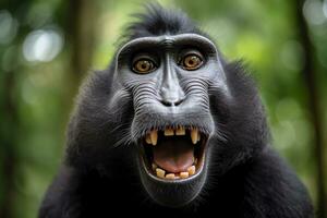 Celebes crested macaque with open mouth. Close up on the green natural background. Generative AI photo