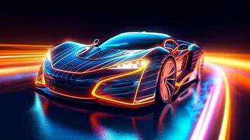 Futuristic Sports Car on Neon Highway. Powerful acceleration of a super car with colorful lights trails. . photo
