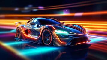 Futuristic Sports Car on Neon Highway. Powerful acceleration of a super car with colorful lights trails. Generative Ai. photo