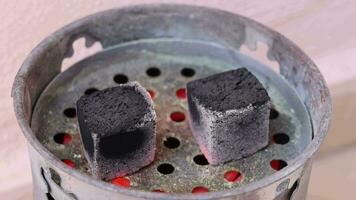 queimando carvão para narguilé em a elétrico forno. processo do preparando shisha video