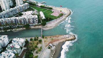 View from a drone of the coastal city of Mersin at sunset. Turkey. 4K. video