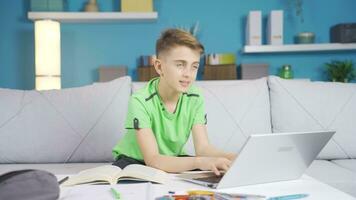 Little boy chatting online on computer. video