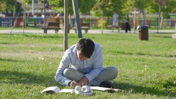 Université étudiant en train d'étudier dans le parc résolution des questions. video