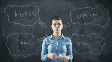 Woman writing Kitchen Cost on the blackboard is thoughtful and stressed. video