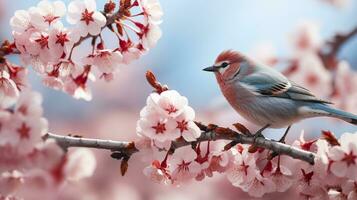 Birds sitting in a tree filled with cherry blossom flowers. Generative AI photo