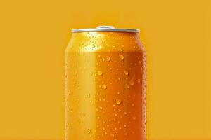 Can of fresh soda with water drops on orange background, closeup. Generative AI photo