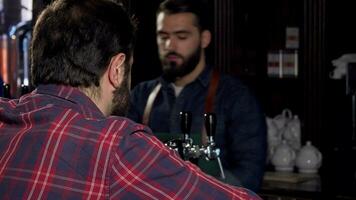 masculino cliente sonriente a el cámara, teniendo delicioso cerveza a el pub video