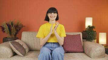 Woman clapping excitedly to camera. video