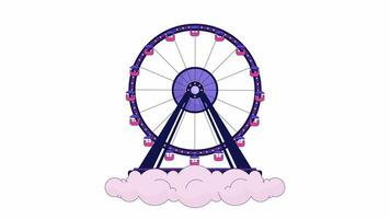 Spinning ferris wheel above clouds line 2D object animation. Park amusement cloudscape flat color cartoon 4K video, alpha channel. Funfair ride on heaven sky animated item on white background video