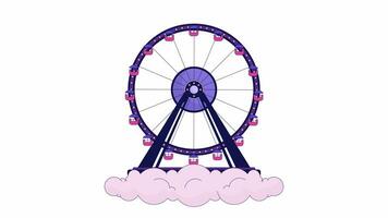 Spinning ferris wheel above clouds line 2D object animation. Park amusement cloudscape flat color cartoon 4K video, alpha channel. Funfair ride on heaven sky animated item on white background video