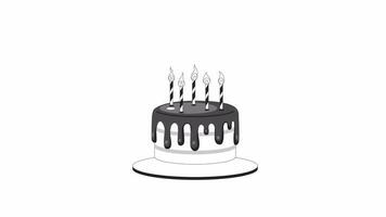 Birthday cake lit candles bw 2D object animation. Happy birthday dessert jumping outline cartoon 4K video, alpha channel. Celebration. Chocolate cake animated element isolated on white background video