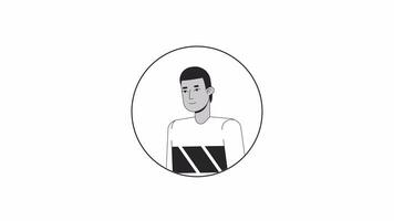 African american short haired young man standing bw outline 2D avatar animation. Relaxed posing monochrome linear cartoon 4K video, alpha channel. Average boy casual clothes animated portrait isolated video