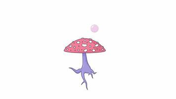 Hallucinogenic fungus fly agaric line 2D object animation. Poison mushroom blowing bubbles flat color cartoon 4K video, alpha channel. Amanita muscaria psychedelics animated item on white background video