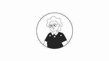 Eyeglasses grandmother relaxed smiling black and white 2D avatar animation. Posing eyeglasses retired woman outline cartoon 4K video, alpha channel. Positive headshot animated portrait isolated video