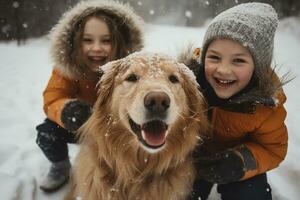 Children playing with their dog in the snow on winter day. Kids laughing and having fun while playing with pet outdoors. Generative AI. photo