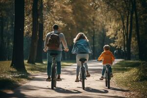 Back view of father, mother and son riding bicycles together in the park. Family activity, leisure, hobby concept. Generative AI. photo