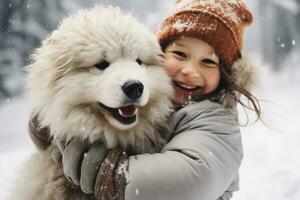 Cute little girl hugging and playing with her dog in the snow on winter day. Kid laughing and having fun while playing with pet outdoors. Generative AI. photo