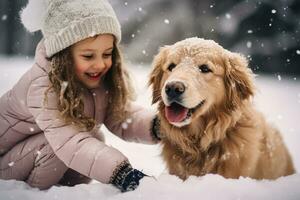 Cute little girl playing with her dog in the snow on winter day. Kid laughing and having fun while playing with pet outdoors. Generative AI. photo