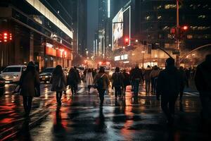 Crowd of people walking on city street in night time. City life with busy people and transportation. Generative AI. photo