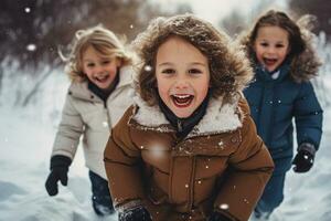 Children playing in the snow on winter day. Kids laughing and having fun while playing outdoors with snow. Generative AI. photo