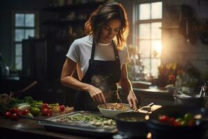 mujer profesional cocinero Cocinando en el cocina restaurante. gastrónomo cocinero servicio comida en platos en un comercial cocina. generativo ai. foto