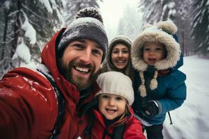 contento familia, padre, madre, hija y hijo selfie juntos mientras excursionismo en invierno alto pico montañas. familia actividad disfrutando a viaje juntos. generativo ai. foto