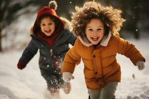 Children playing in the snow on winter day. Kids laughing and having fun while playing outdoors with snow. Generative AI. photo