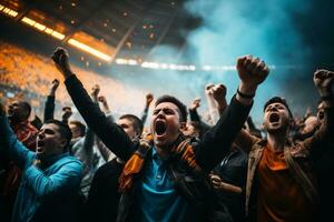 Excited sport fans celebrating and cheering their team in stadium. Football fans watching football match. Sport, human emotions, entertainment concept. Generative AI. photo
