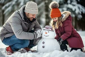 Father and daughter building a snowman together on winter day. Happy family having fun while playing in snow outdoors. Generative AI. photo