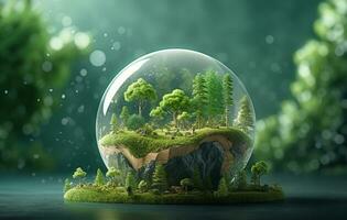 Crystal glass sphere with green tree inside on light green forest background. ESG, Environment protection, Eco friendly environment. Sustainable development and earth day concept. Generative AI. photo