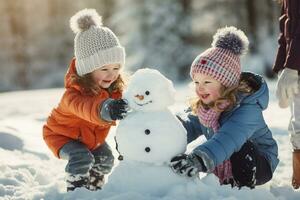 Children building a snowman together on winter day. Kids smiling and having fun while playing in snow outdoors. Generative AI. photo