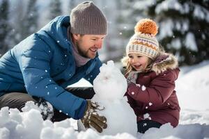 Father and daughter building a snowman together on winter day. Happy family having fun while playing in snow outdoors. Generative AI. photo