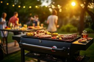 Assorted delicious grilled meat on barbecue grill. Family and friends having a barbecue party with fun. Dinner party and weekend activity concept. Generative AI. photo