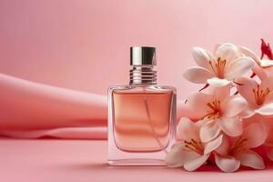 Summer Vanilla Perfume Background Photo with Copy Space. Bright Pink Vanilla Perfume Banner for Summer. AI Generative