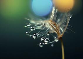 Beautiful dew drops on a dandelion seed macro. Beautiful blue background. Generative AI photo